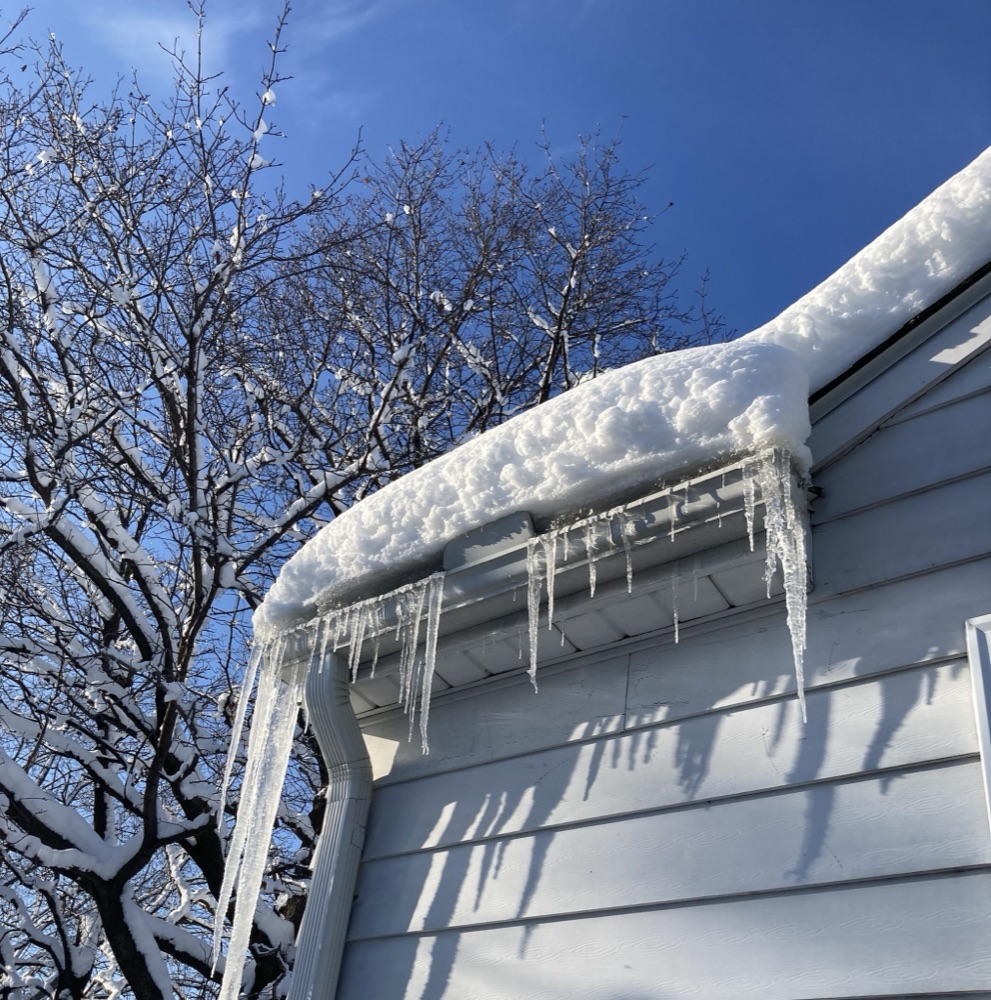 Icicles hanging from a frozen gutter under a snow-covered roof